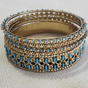 Gold Bangle Bracelets with Blue Beads